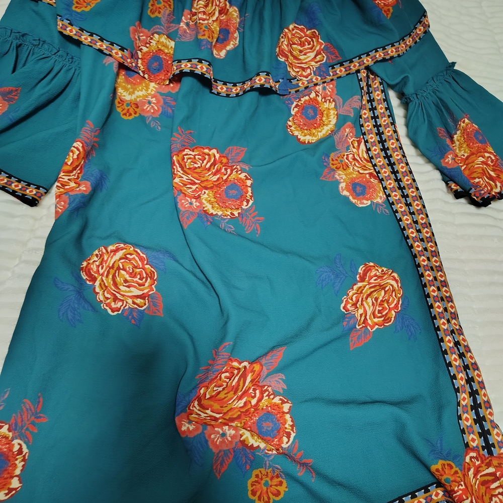 Flying Tomato Teal Long Sleeve Dress with Orange Floral Pattern